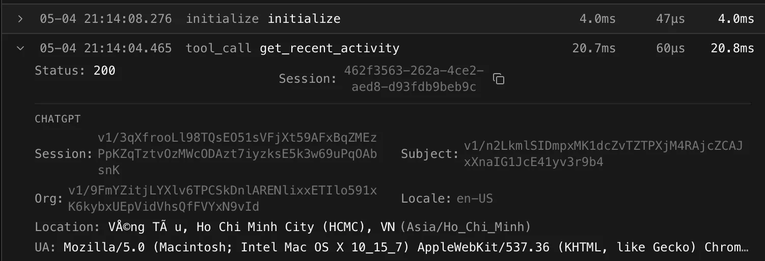 A request log entry in the mcpr cloud dashboard showing openai/session, openai/subject, openai/organization, openai/locale, and openai/userLocation surfaced as structured fields next to the standard MCP method and session ID.