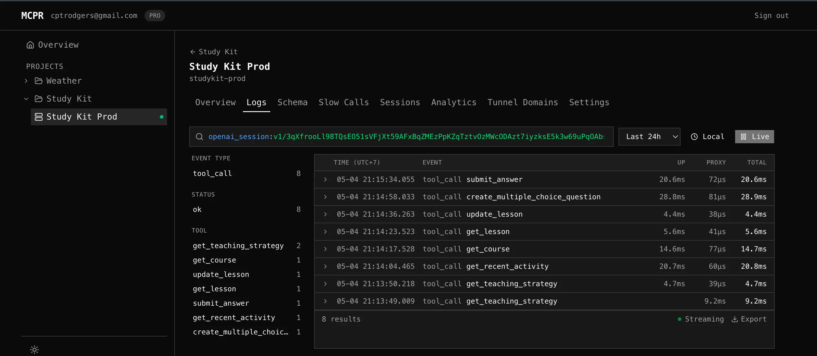 The mcpr cloud logs tab filtered by openai_session, showing every tool call from a single ChatGPT conversation grouped together, even though each row carries a different Mcp-Session-Id.