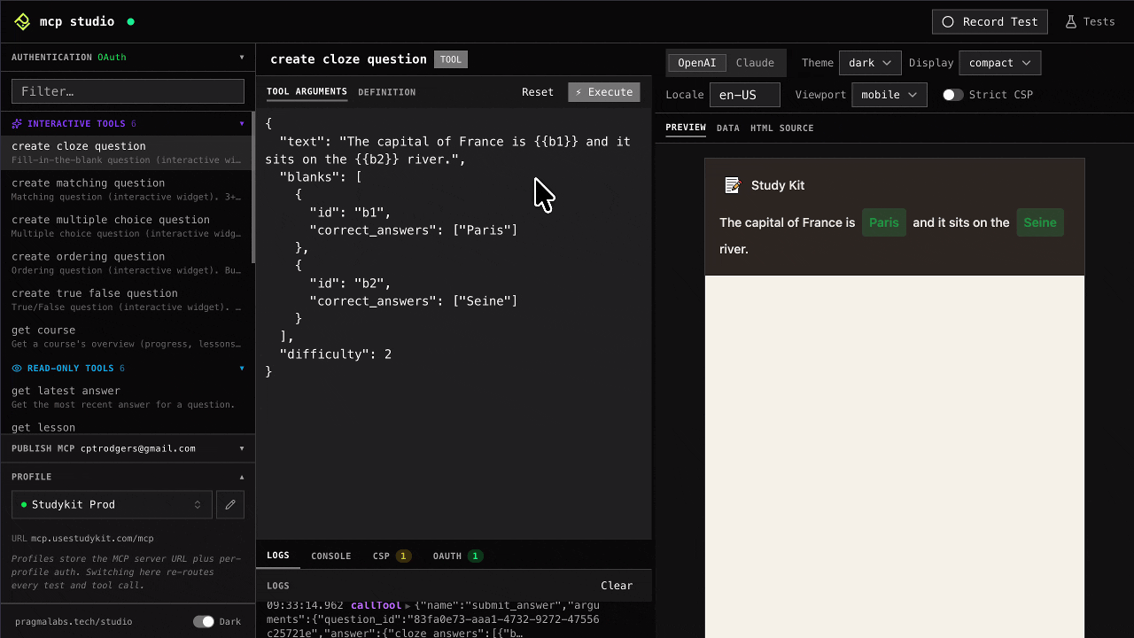 MCP Studio in action: opening, calling a tool, widget rendering, recording and replaying a flow